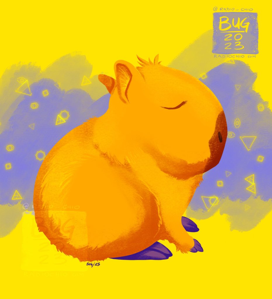 A chill capybara against an abstract yellow and purple background