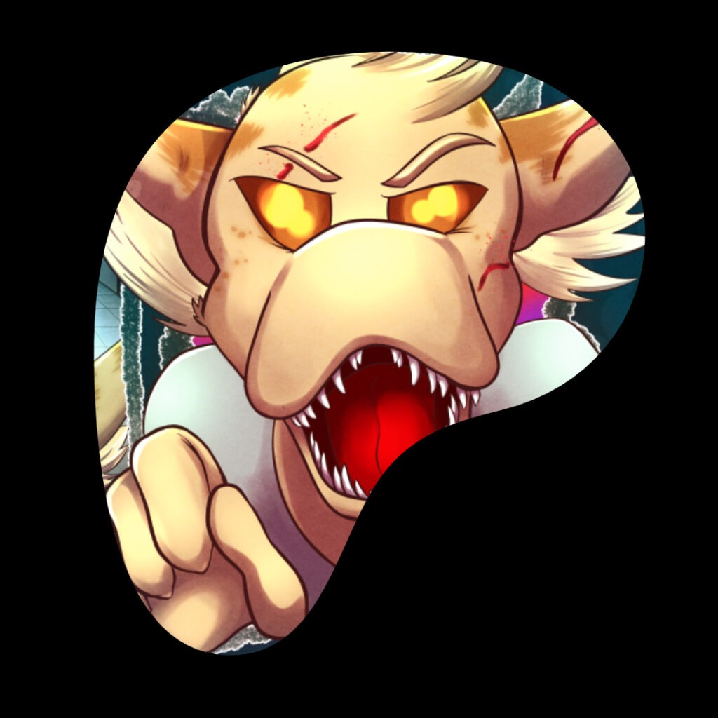 Dia expresses her true feelings with her teeth, peering through the Patreon logo.